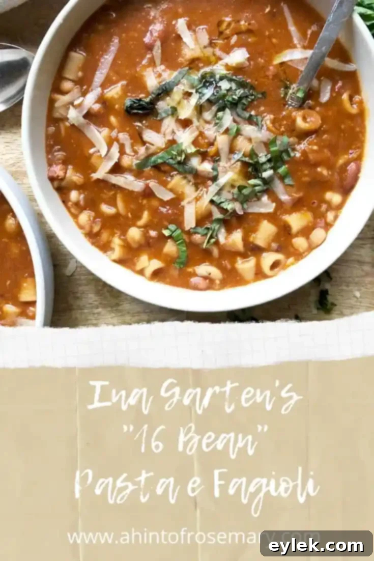 Beautifully plated bowl of Ina Garten's 16-Bean Pasta e Fagioli, ready to eat