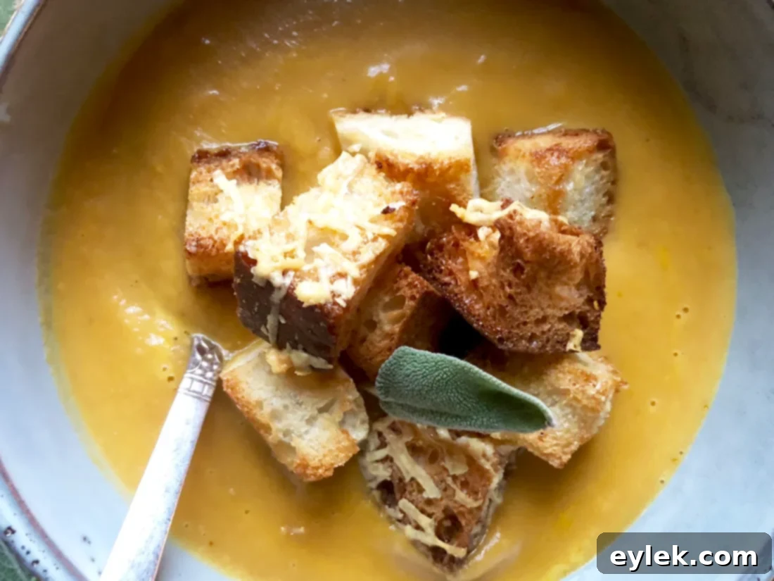 A beautifully presented bowl of pumpkin soup with Manchego croutons