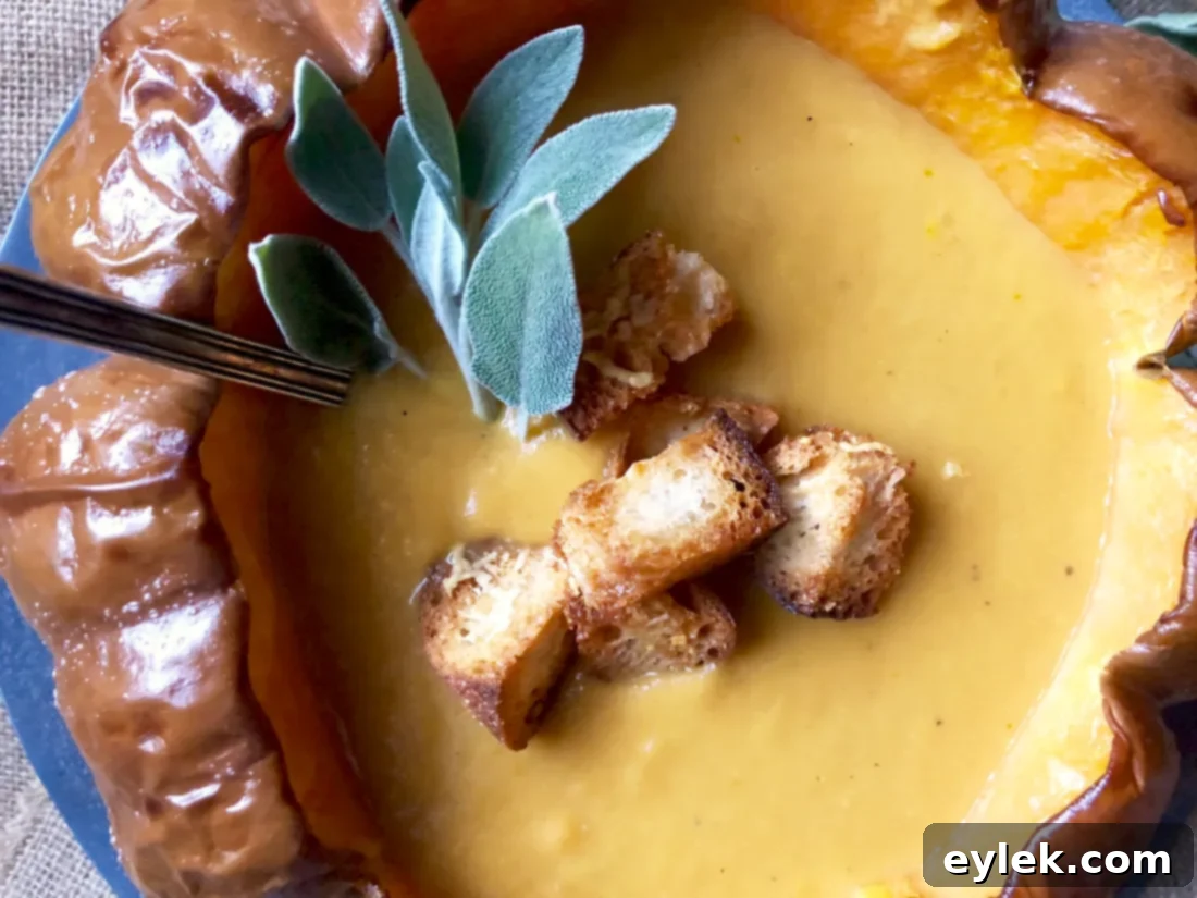Various bowls of pumpkin soup, one with croutons, another with cream swirl