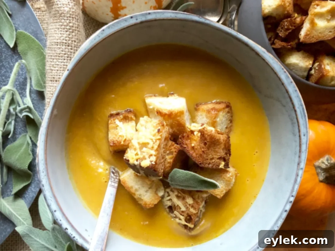 A top-down view of pumpkin soup with croutons and a side of fresh bread