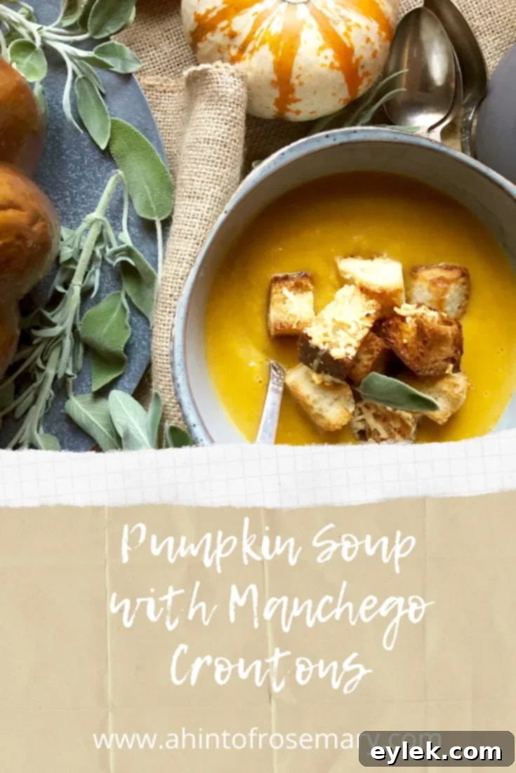 Beautifully garnished Pumpkin Soup with Manchego Croutons