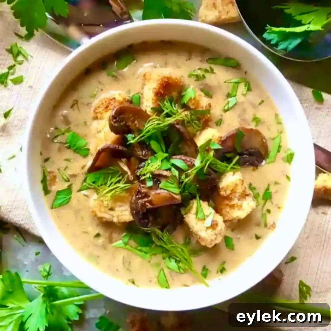 Hearty Hungarian Mushroom Soup served in a bowl, garnished with fresh herbs.