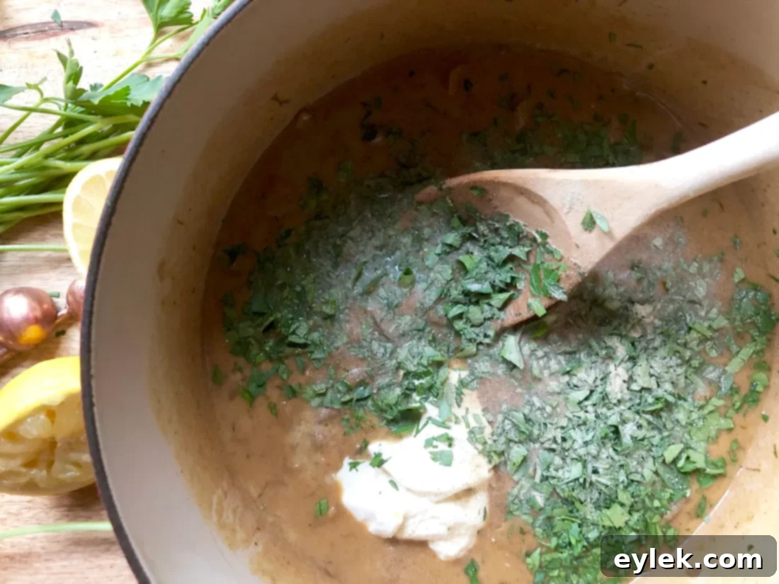 A ladle serving the hearty Hungarian mushroom soup from a pot.