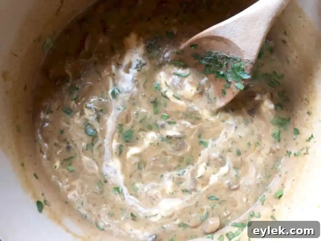 A pot of finished Hungarian mushroom soup, creamy and ready to serve.
