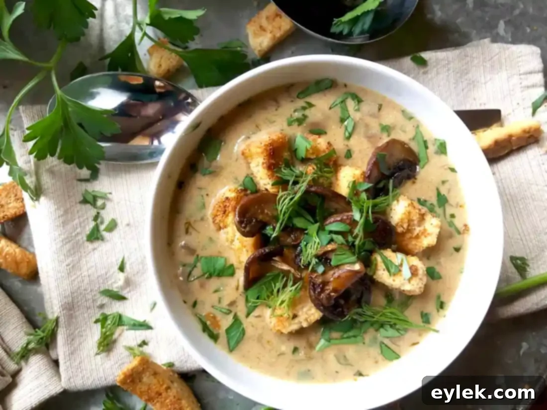 A bowl of Hearty Hungarian Mushroom Soup garnished with croutons and fresh dill.