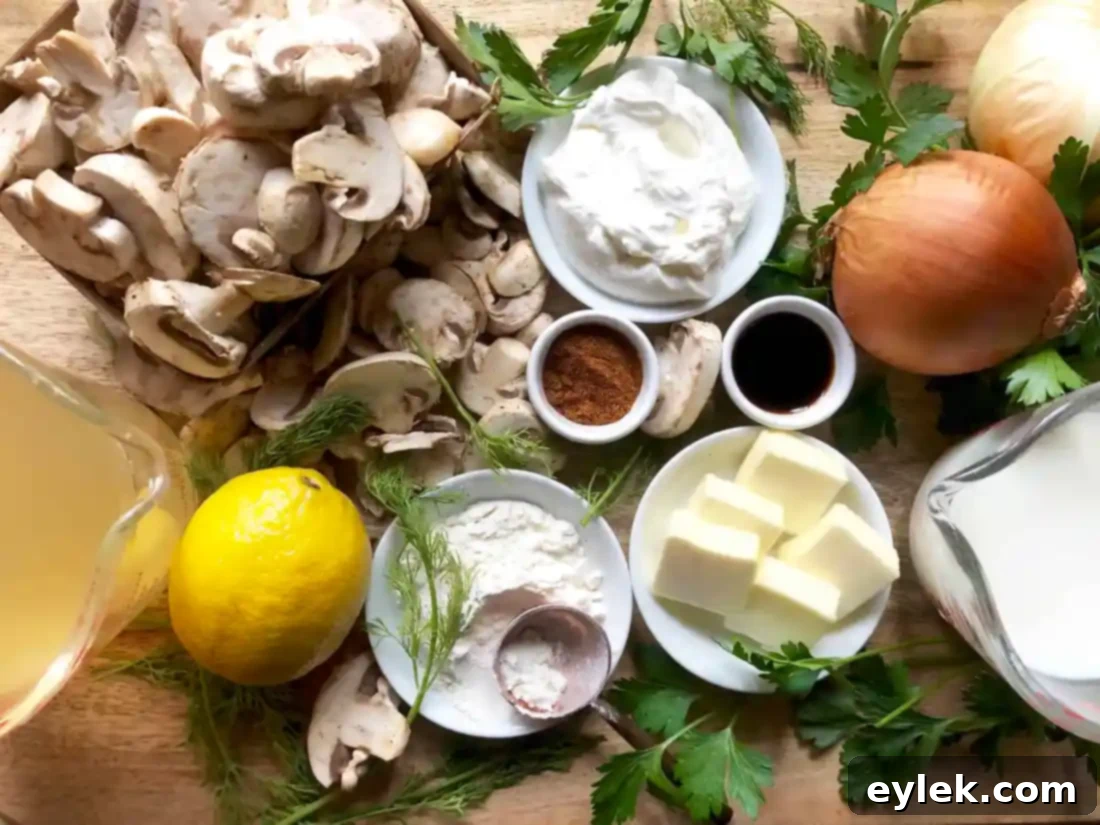 Assortment of fresh ingredients for Hungarian mushroom soup, including mushrooms, onions, and herbs.