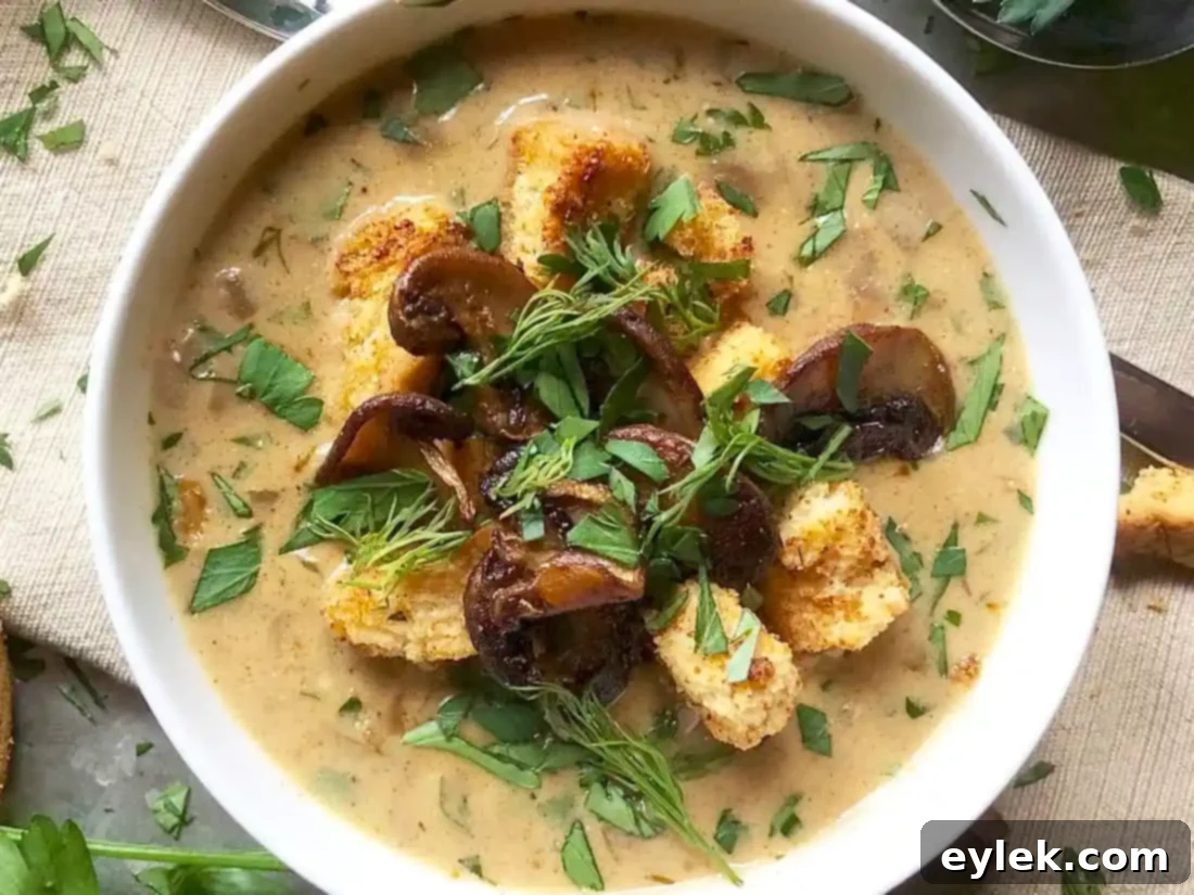 A serving of hearty Hungarian mushroom soup in a bowl with a spoon.