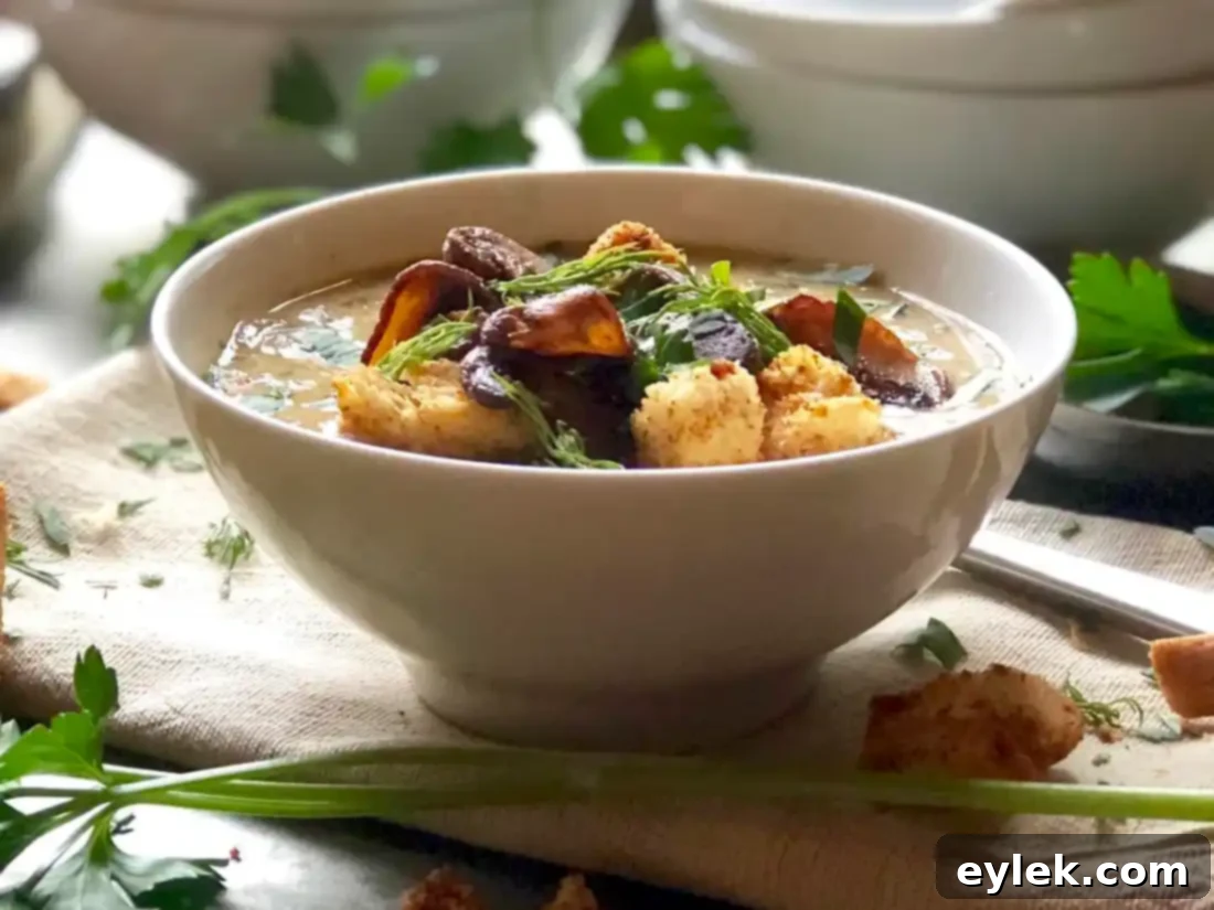 Overhead view of a bowl of Hearty Hungarian Mushroom Soup with garnishes.