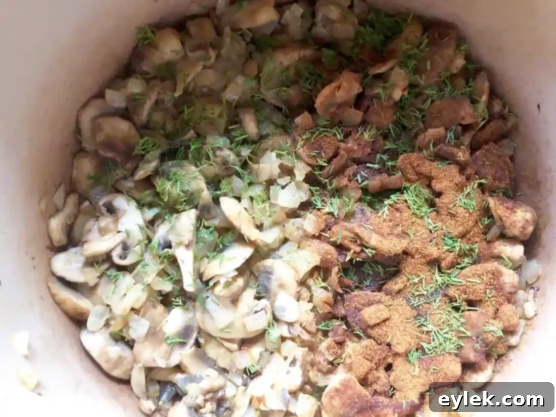 A close-up of the simmering soup with rich colors and textures.