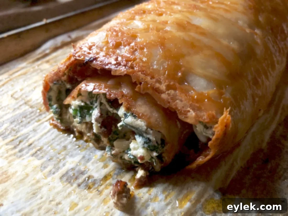 Beef-Filled Scalloped Potato Roulade 18 Close-up of a sliced scalloped potato roll revealing layers