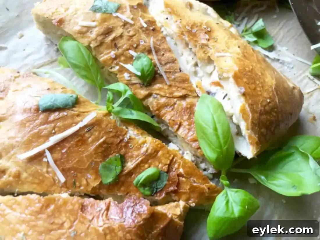 Sliced chicken and mushroom calzones served with a bowl of marinara sauce for dipping