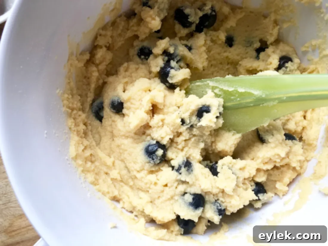 Folding blueberries into thick coconut flour muffin batter