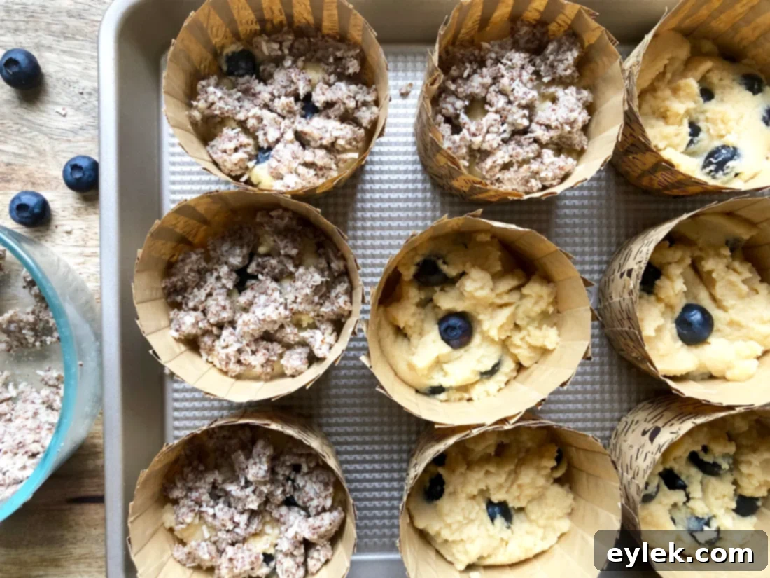 Gluten-free coconut flour blueberry muffins topped with crumb before baking