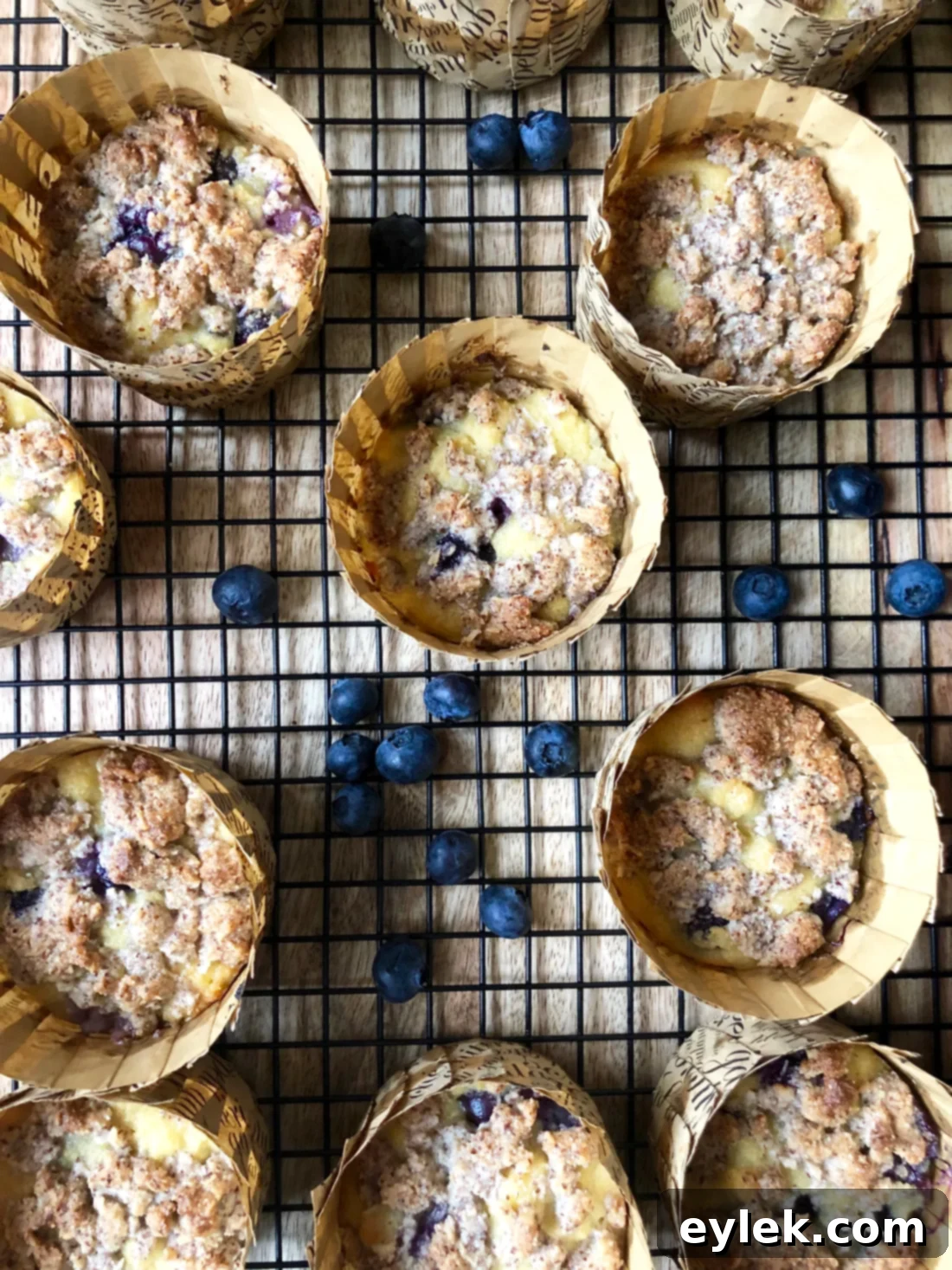 Two gluten-free coconut flour blueberry muffins stacked with crumb topping
