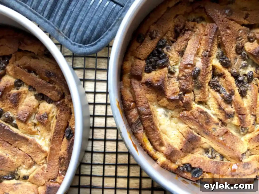 The stacked layers of cinnamon raisin bread pudding with marmalade glaze