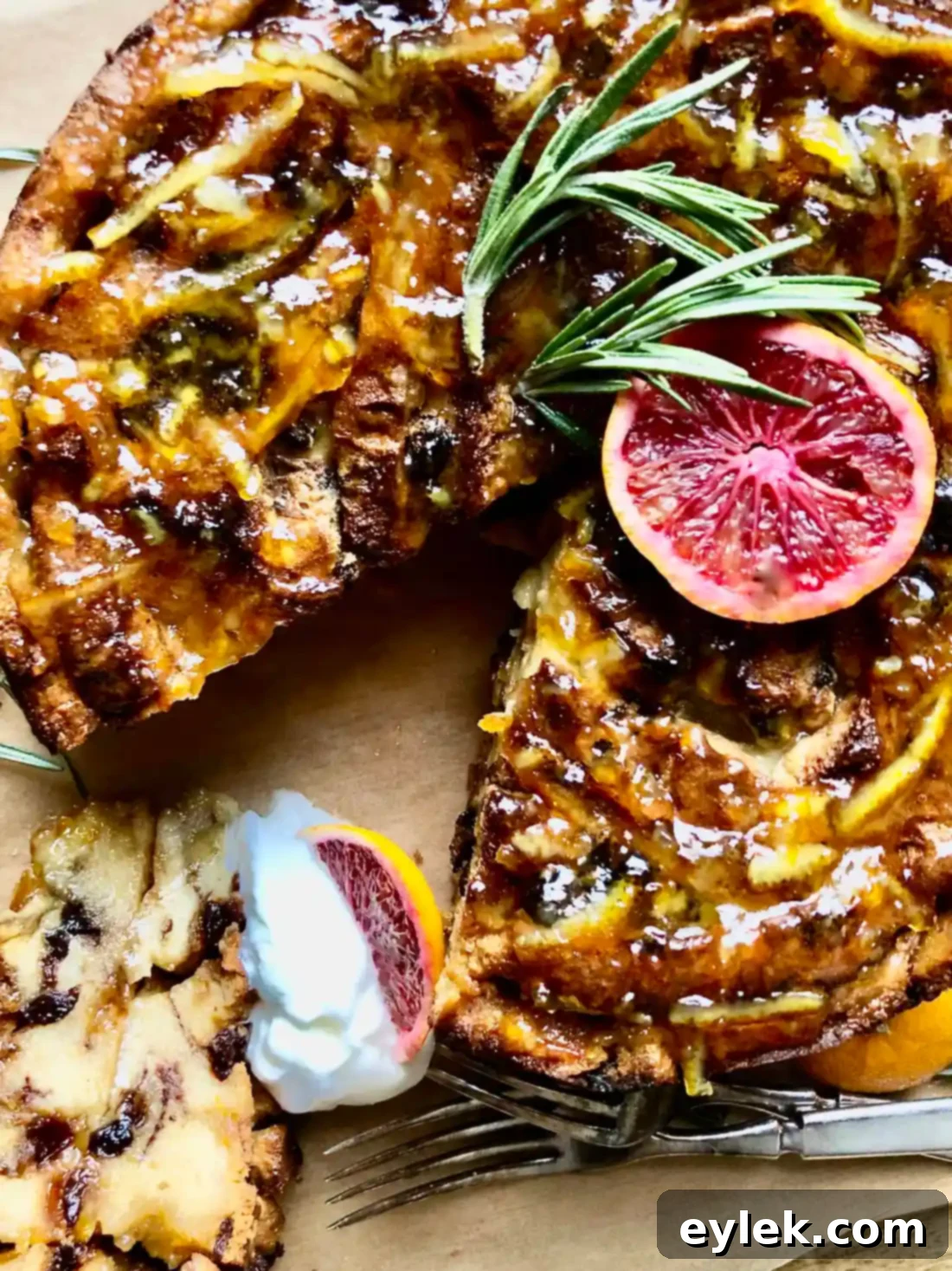 Full shot of Cinnamon Raisin Bread Pudding with decorative garnishes