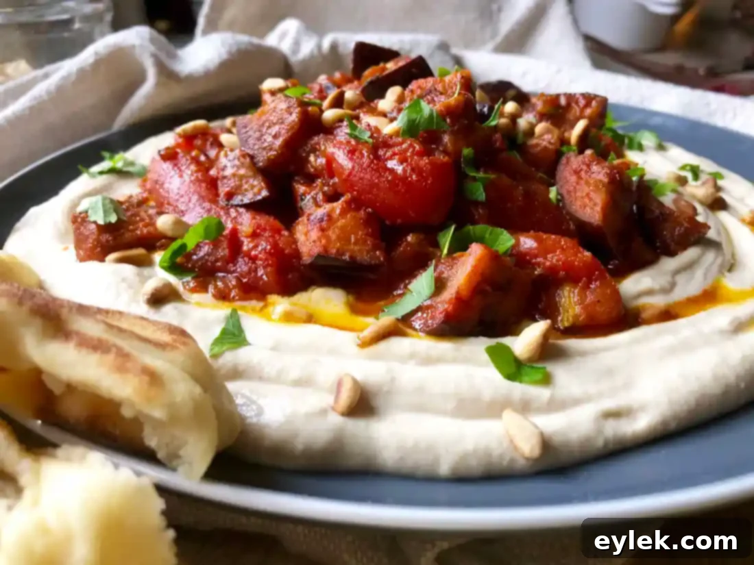 Scooping Moroccan Roasted Eggplant and Stewed Tomatoes with pita