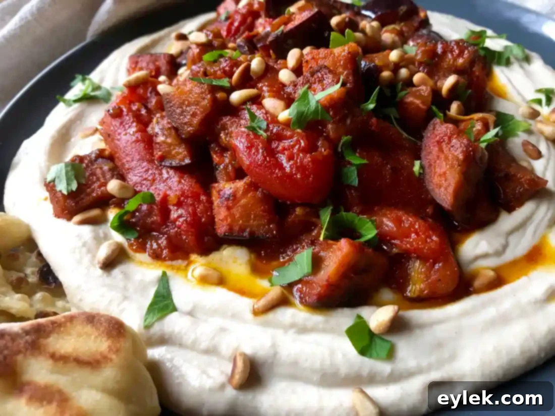 Moroccan Roasted Eggplant with Stewed Tomatoes ready to be eaten
