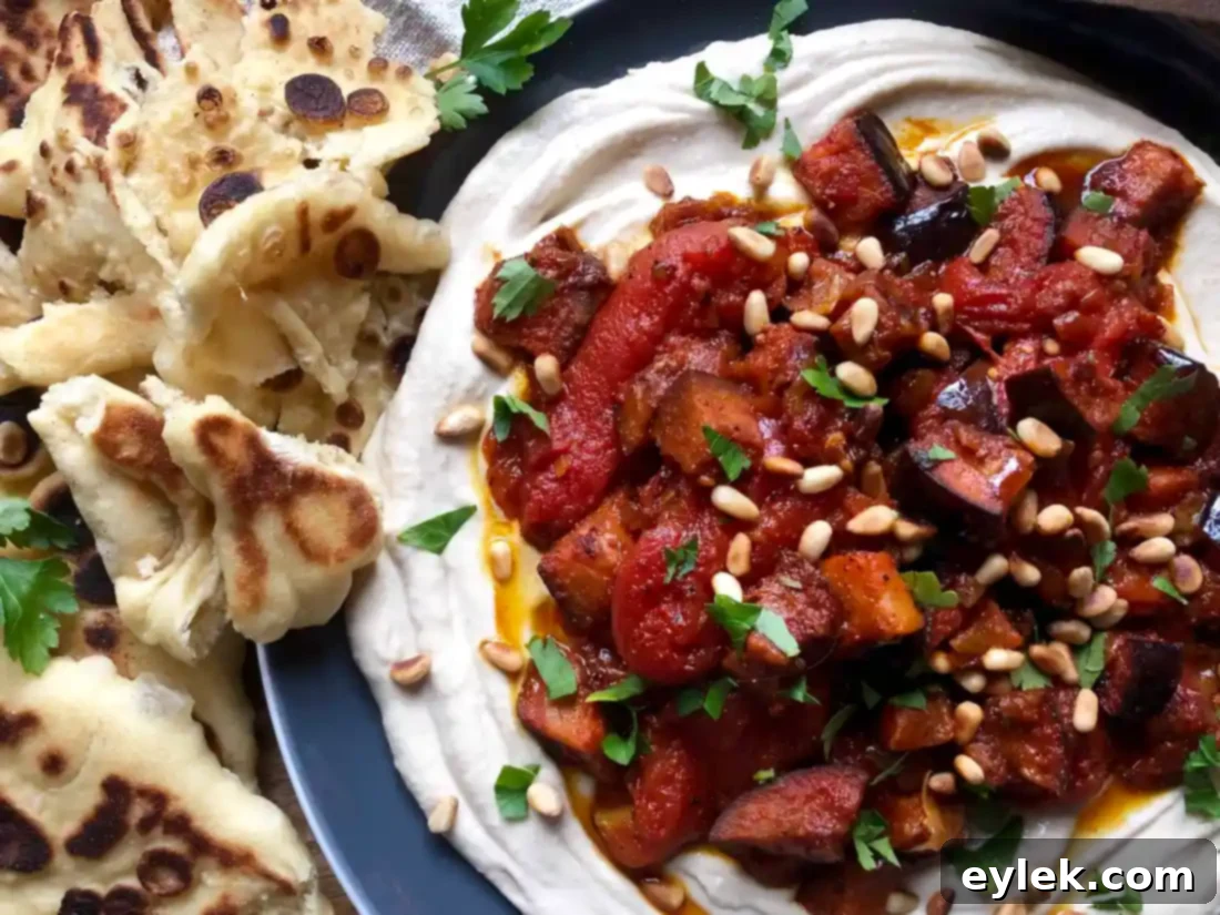 Moroccan Roasted Eggplant with Stewed Tomatoes with pita bread
