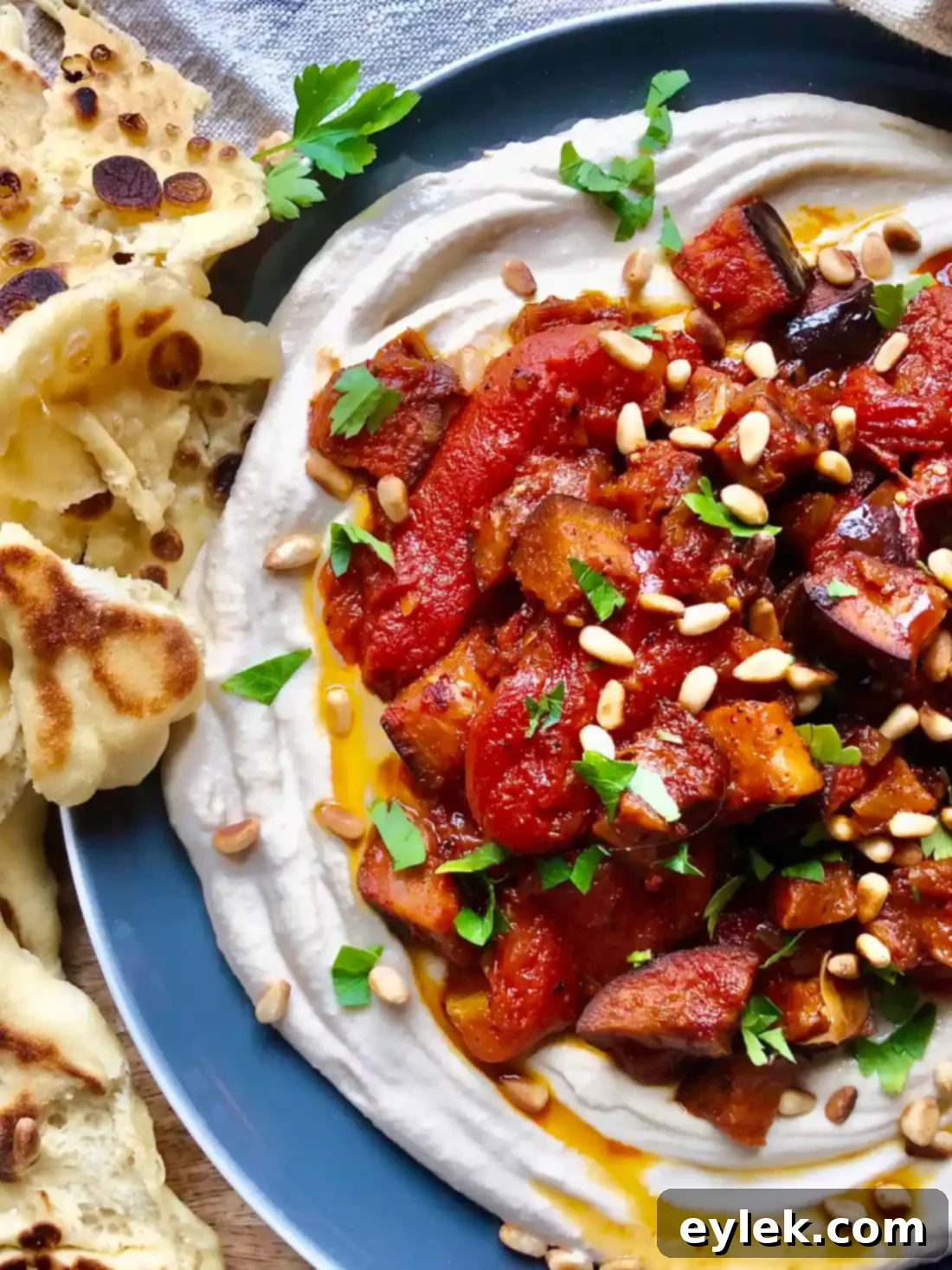 Moroccan Roasted Eggplant with Stewed Tomatoes with bread and fresh herbs