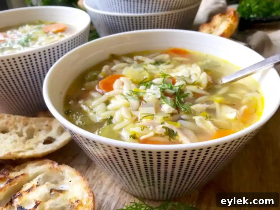 Two bowls of Super Quick Chicken Orzo Soup on a table.