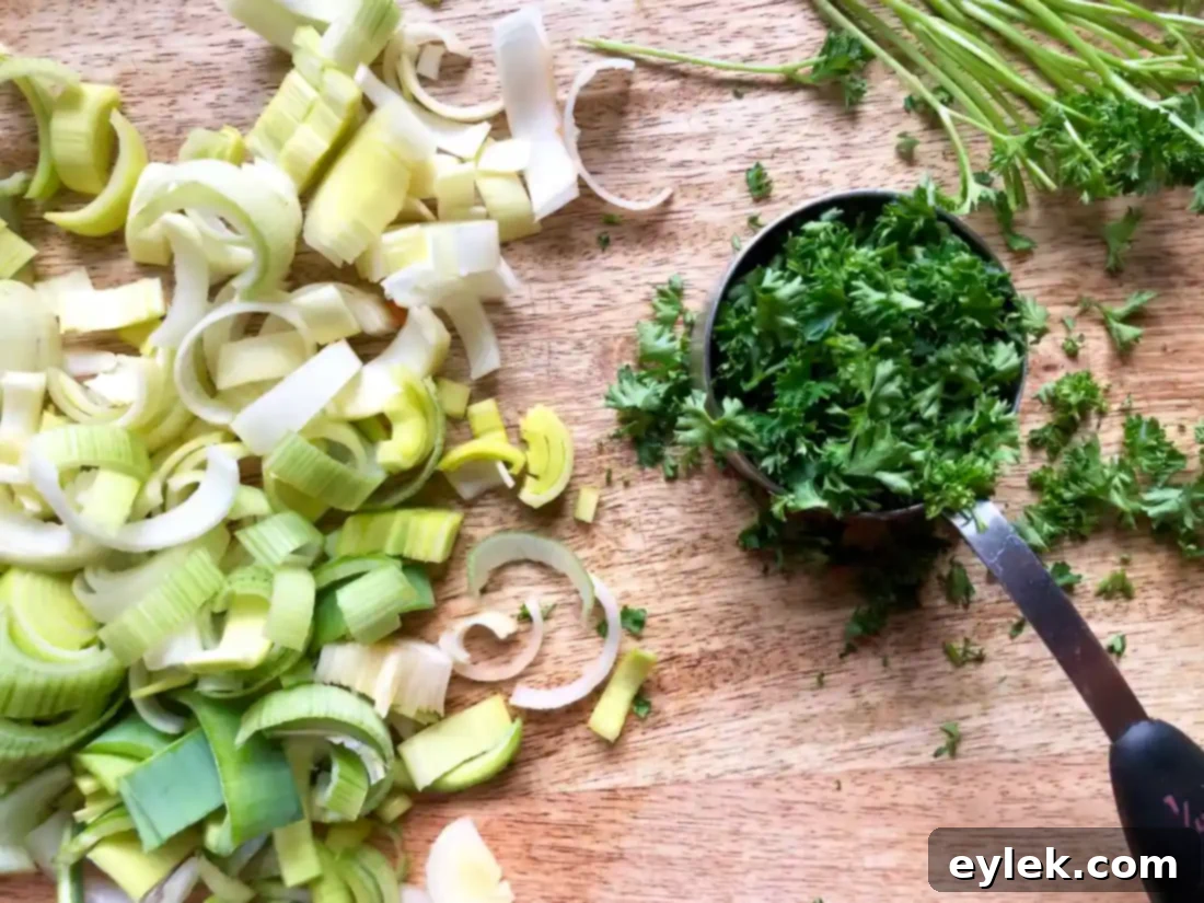 Leeks, parsley, carrots, and celery prepped for the soup base.