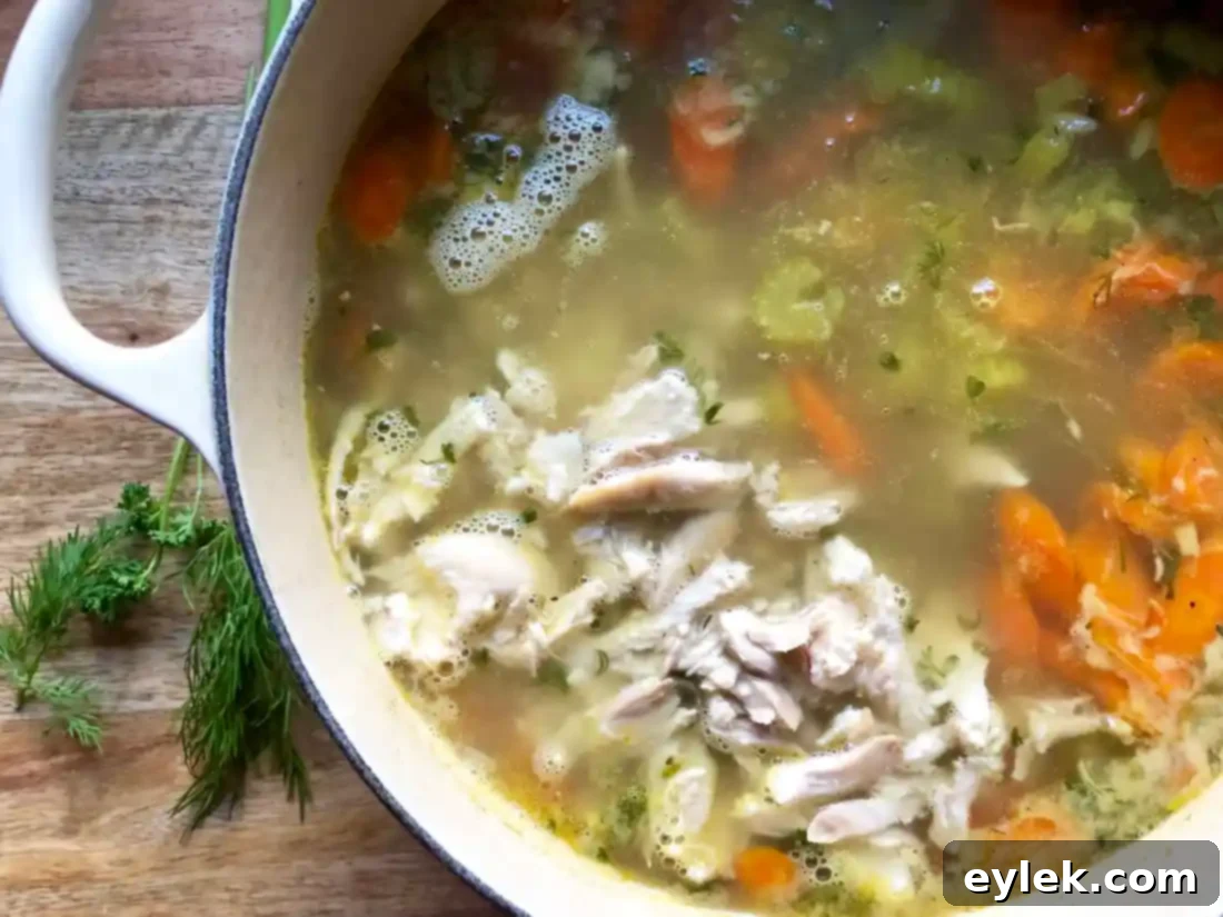 Shredded chicken being added to the orzo soup.