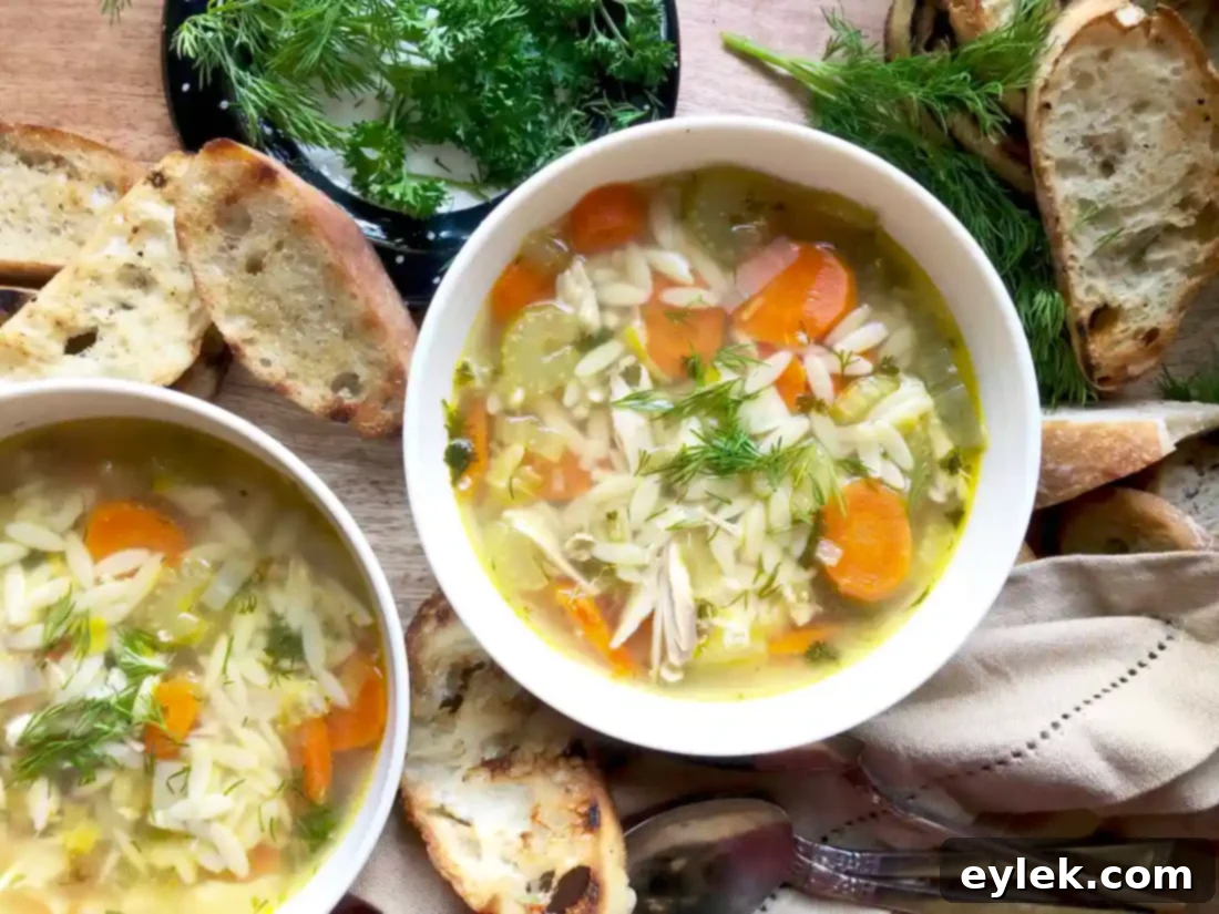 A ladle serving Super Quick Chicken Orzo Soup into a bowl.