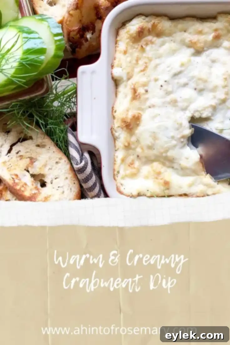 A beautifully presented warm and creamy crab dip with a focus on its texture and color