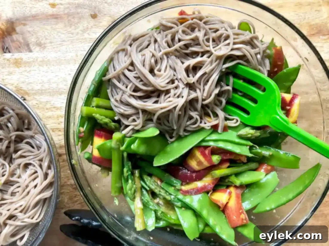 Prepared Soba Noodle Salad with snow peas, asparagus, and carrot ribbons, ready to be served