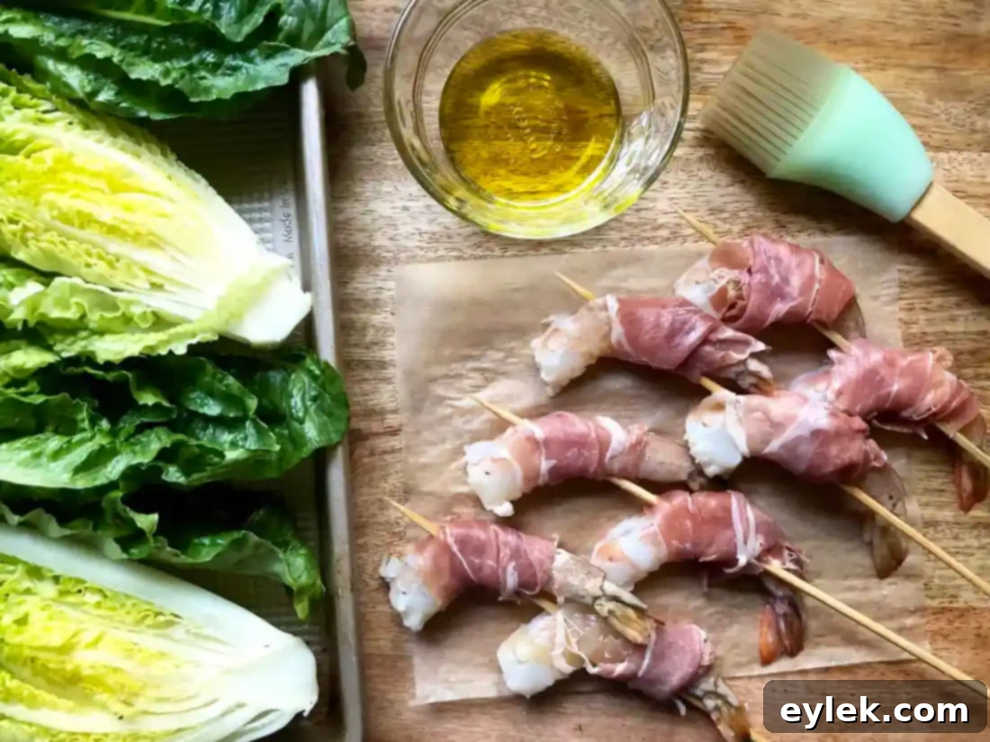 grilled romaine with prosciutto-wrapped shrimp