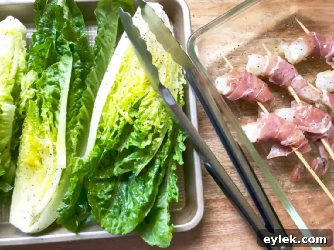 grilled romaine with prosciutto-wrapped shrimp
