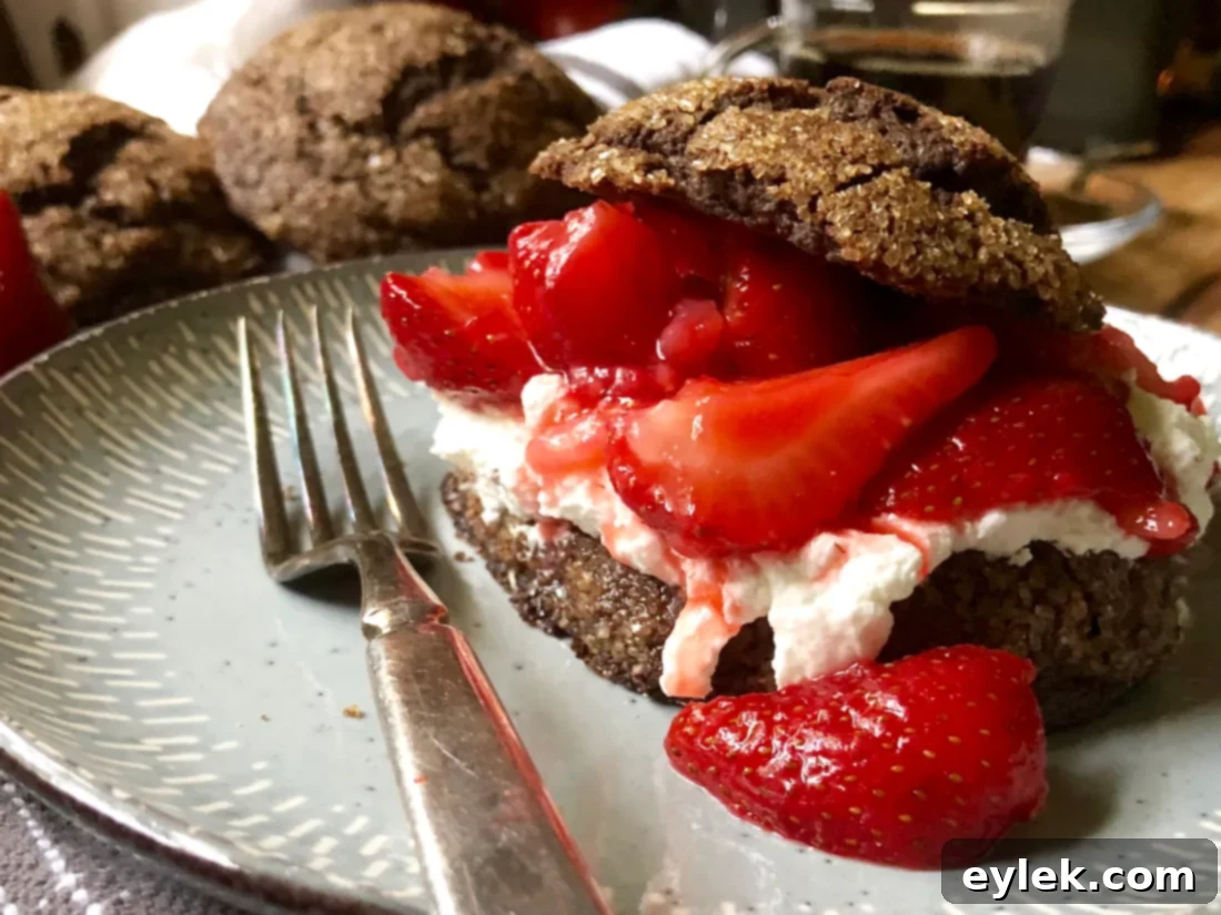 Assembling a strawberry chocolate shortcake with cream and berries