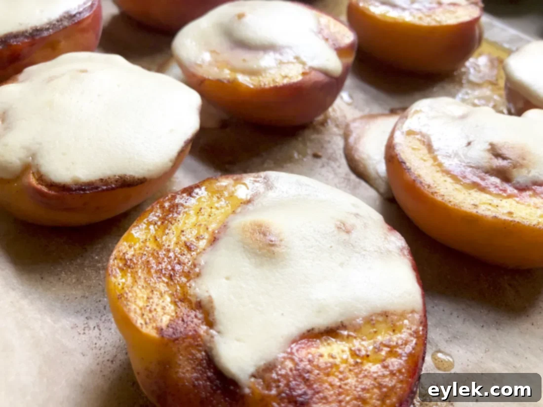 Two baked cheesecake-stuffed peach halves on a plate