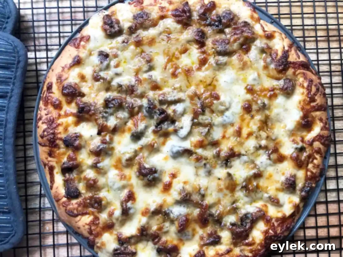 Full Mushroom Marsala Pizza, garnished and ready to serve.