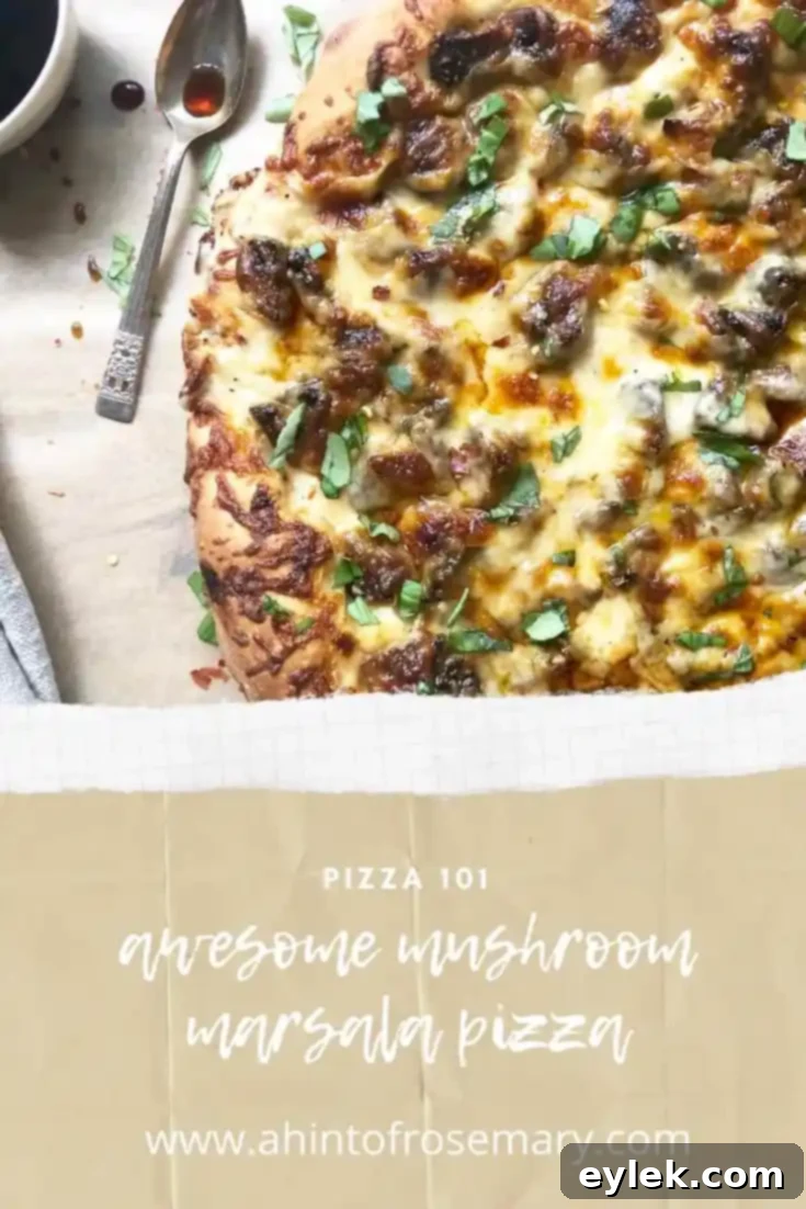 Beautifully plated slice of Mushroom Marsala Pizza, garnished with fresh basil.