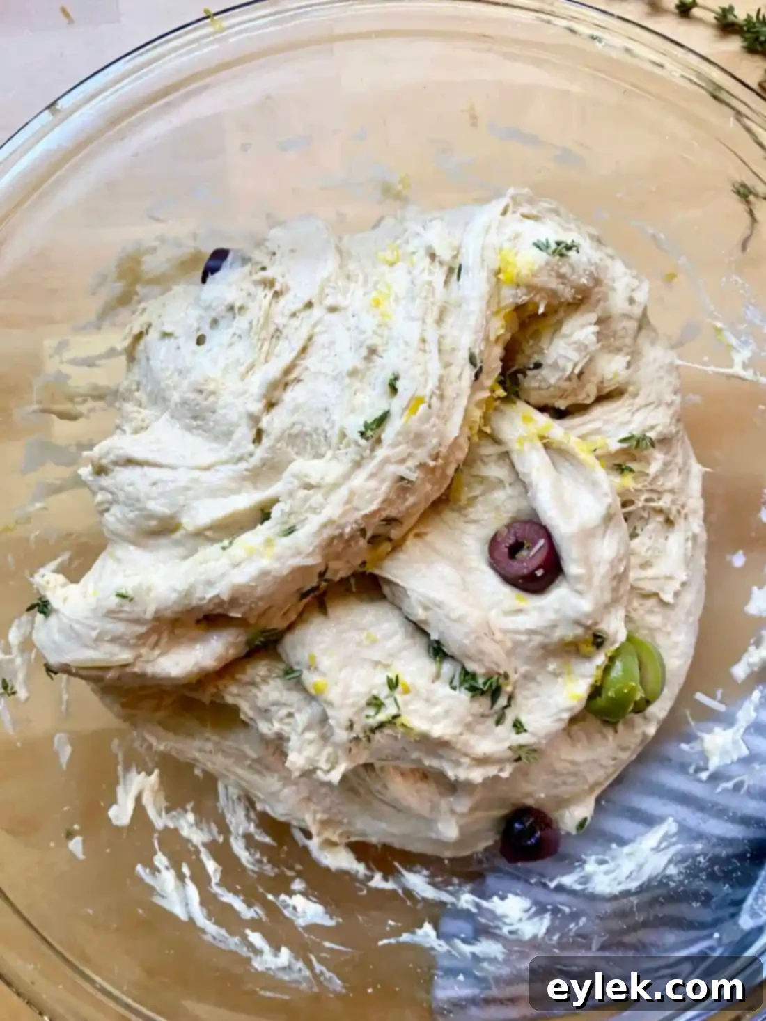 Zesty Olive Thyme Loaf 11 Dough after first stretch and fold with fillings