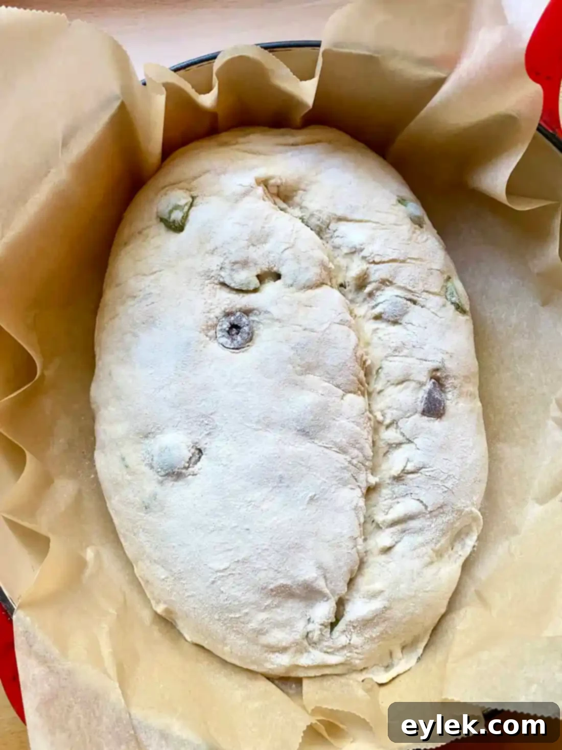 Zesty Olive Thyme Loaf 21 Dough in baking pot with lid
