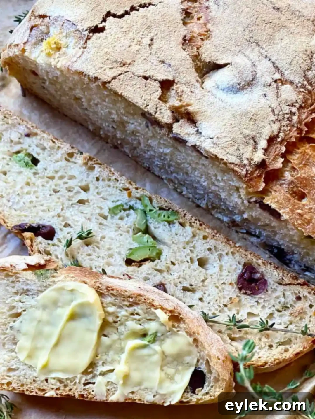 Zesty Olive Thyme Loaf 26 Olive Bread with Lemon & Thyme ready for slicing