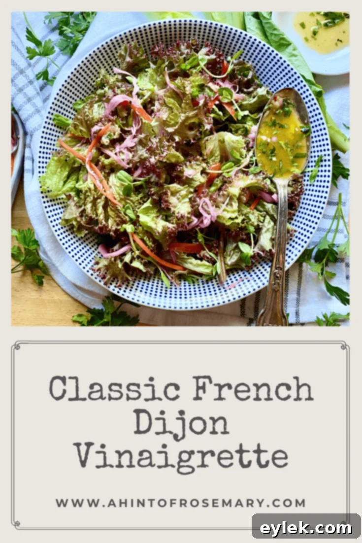 A Pinterest-optimized image showing the French Dijon Vinaigrette in a jar with text overlay.